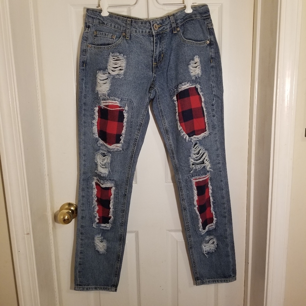 Rue 21 low rise skinny jeans, patched jeans